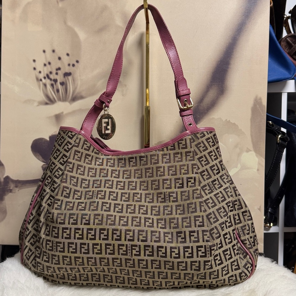 Fendi Beige and Burgundy Monogram Shoulder Bag